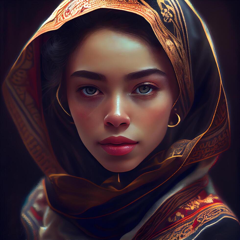 Portrait of a beautiful oriental woman with headscarf., Image photo