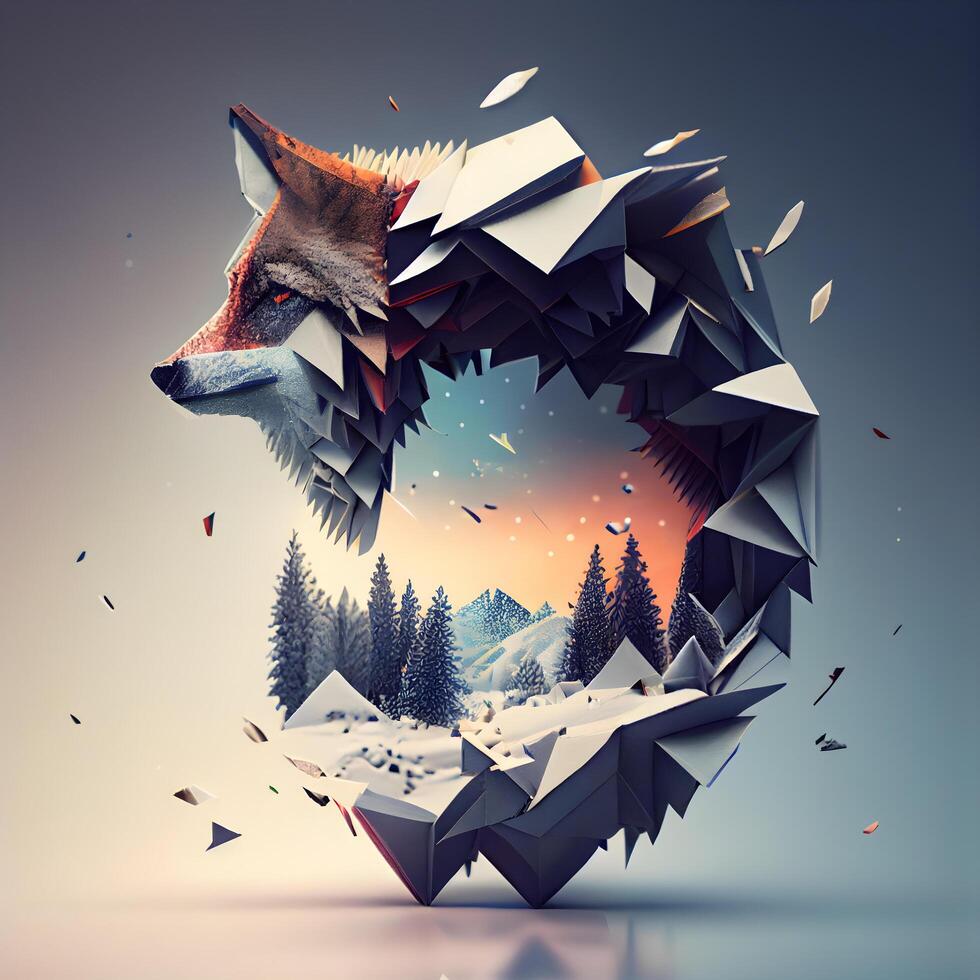 Fantasy polygonal fox in the winter forest. 3D rendering, Image photo