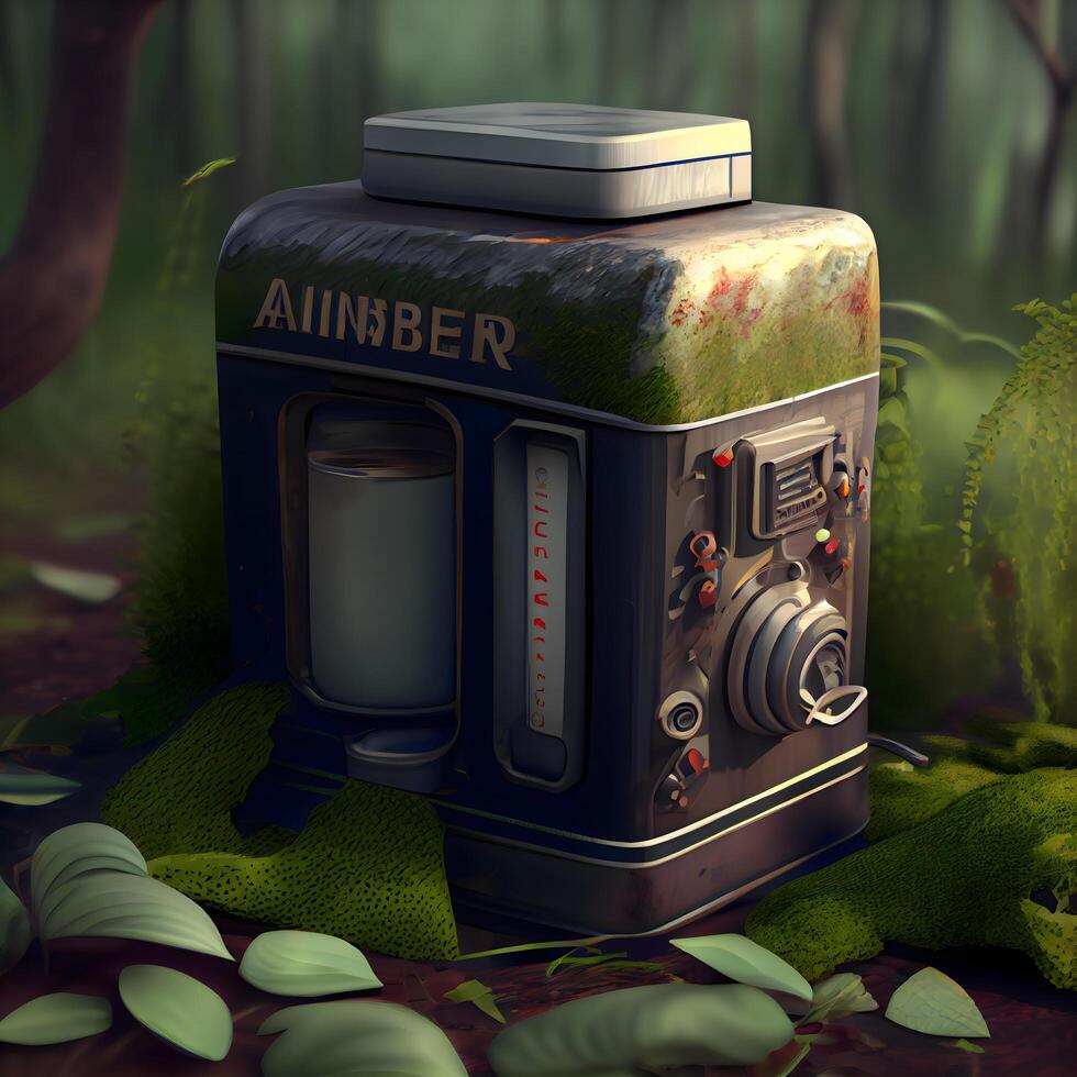 Vintage retro camera in the forest. 3d render illustration., Image photo