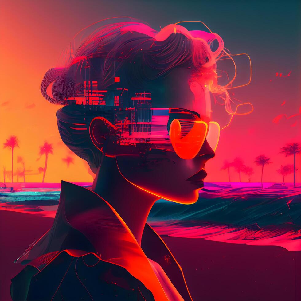 Double exposure portrait of a woman wearing virtual reality glasses on the beach., Image photo