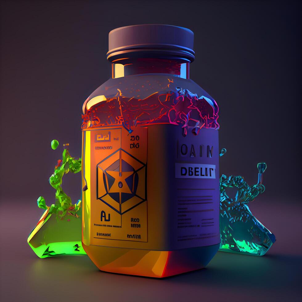 3d render of bottle of poison on dark background, 3d illustration, Image photo