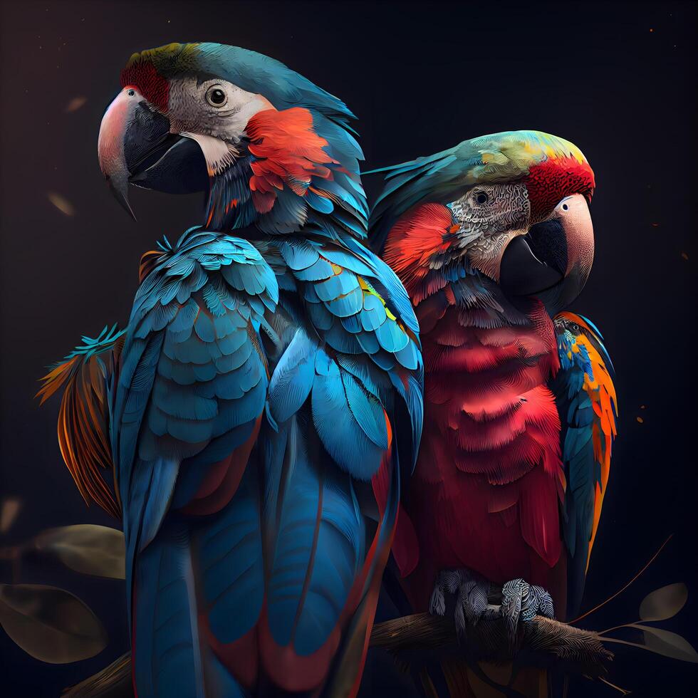 Colorful macaw parrots isolated on black background. 3d illustration, Image photo