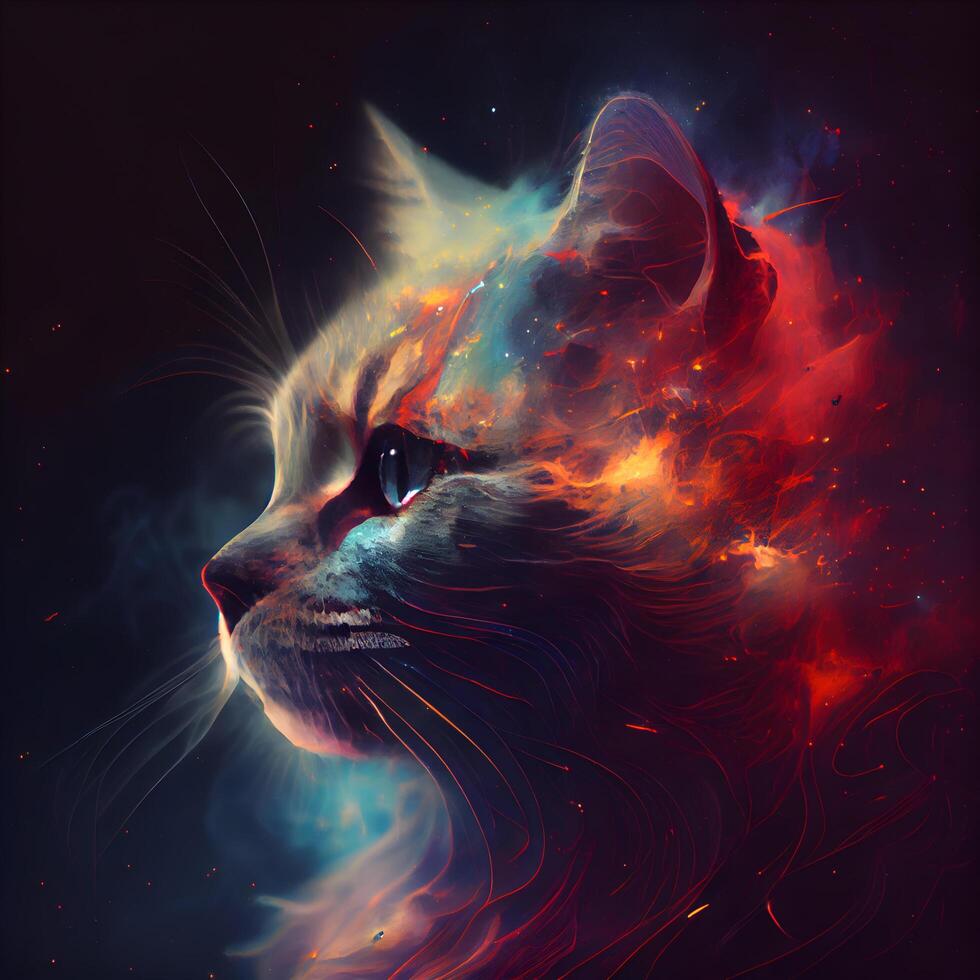 Colorful cat portrait with abstract fire effect. Fantasy animal portrait., Ai Generative Image photo