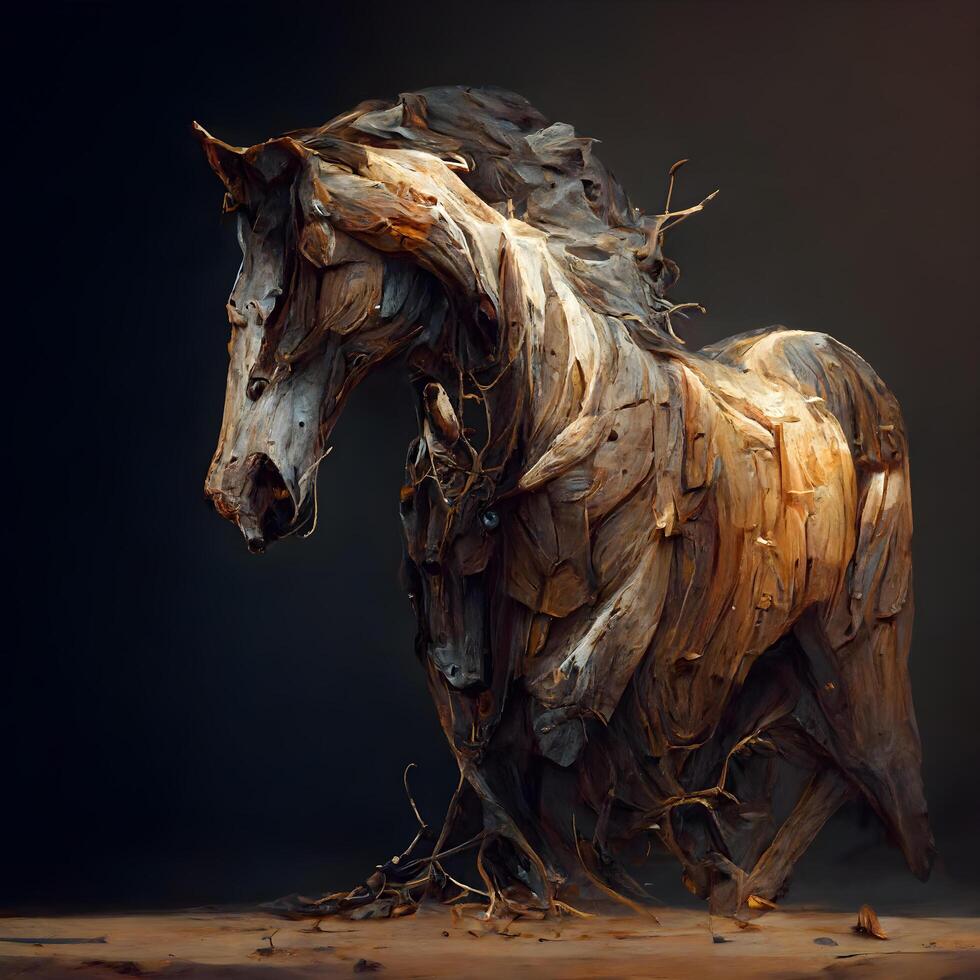 caballo hecho de madera flotante en negro antecedentes. 3d representación, ai generativo imagen foto