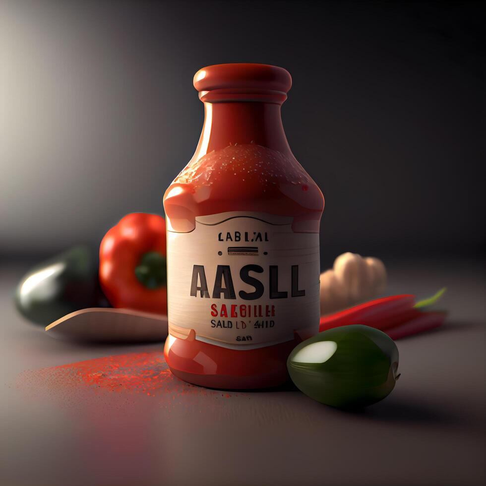 3d representación de un botella de picante tomate salsa con chile pimientos, ai generativo imagen foto