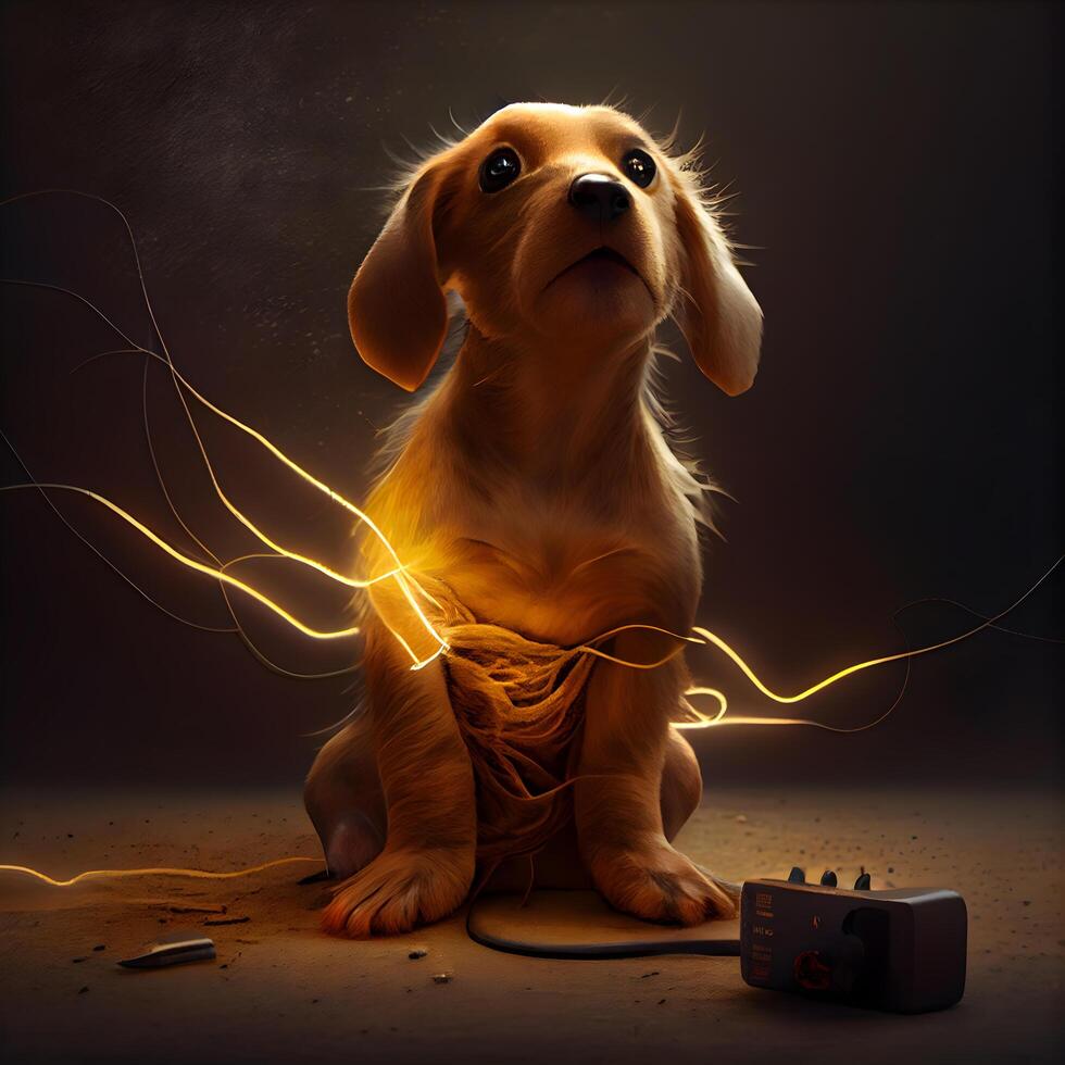 Cute little golden retriever puppy playing with electrical cable on dark background, Image photo