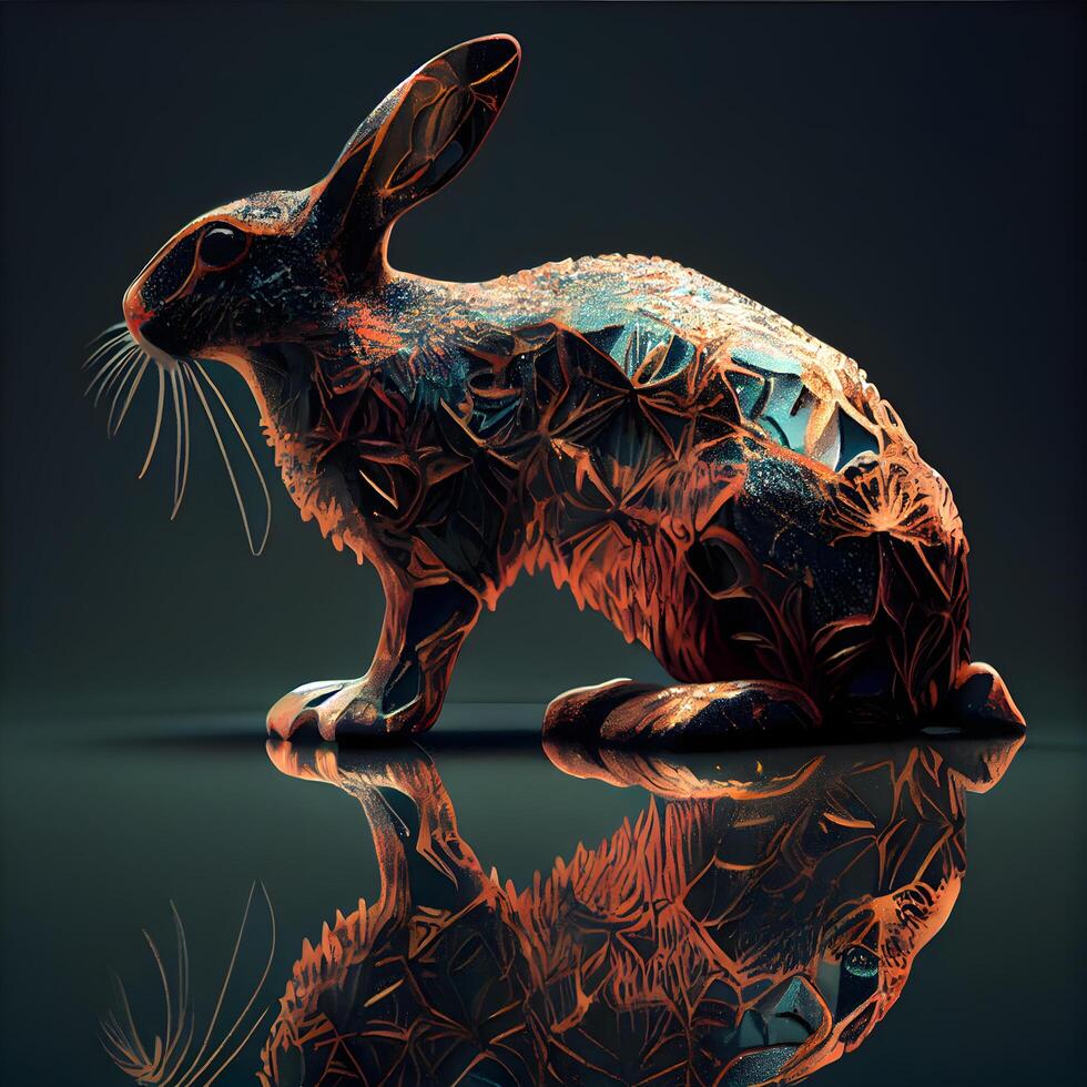 Conejo en un negro antecedentes con reflexión. 3d ilustración., ai generativo imagen foto