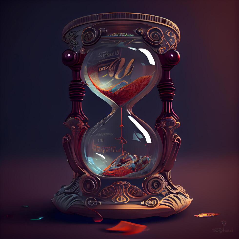 Hourglass with sand on dark background. Concept of time and deadline, Image photo