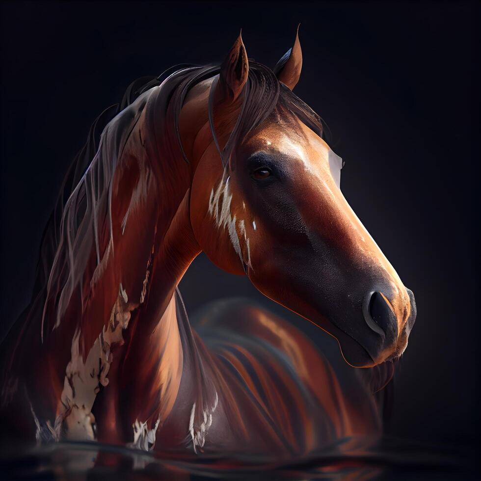 Horse in water on black background. 3d render illustration., Image photo