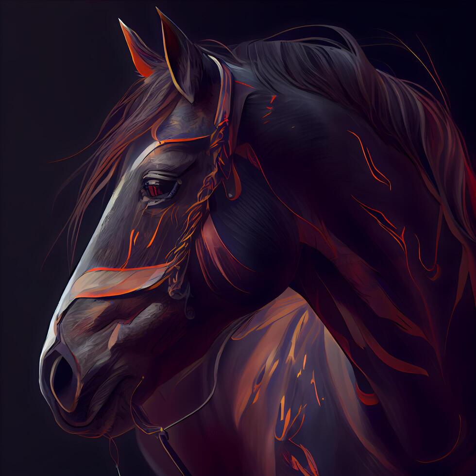 horse head with human skin and mane in red color on black background, Image photo