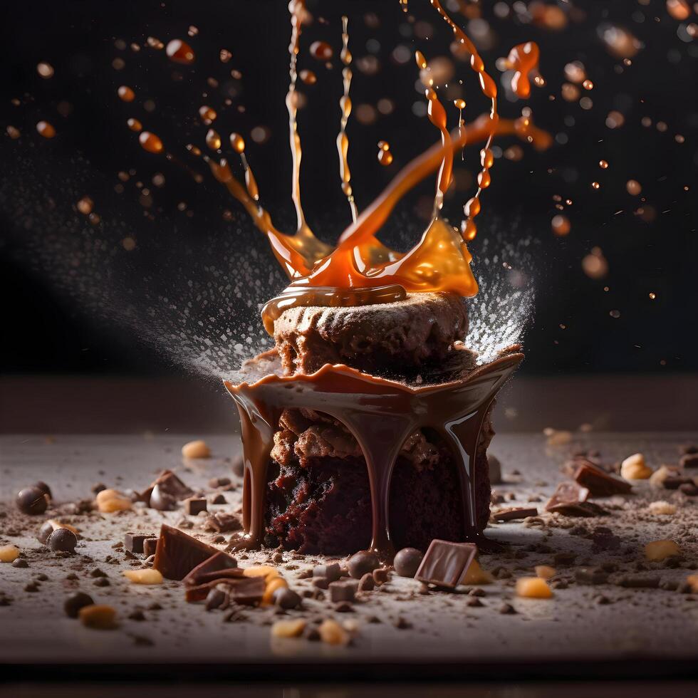 Chocolate cake with splashes and drops of caramel on a dark background, Image photo