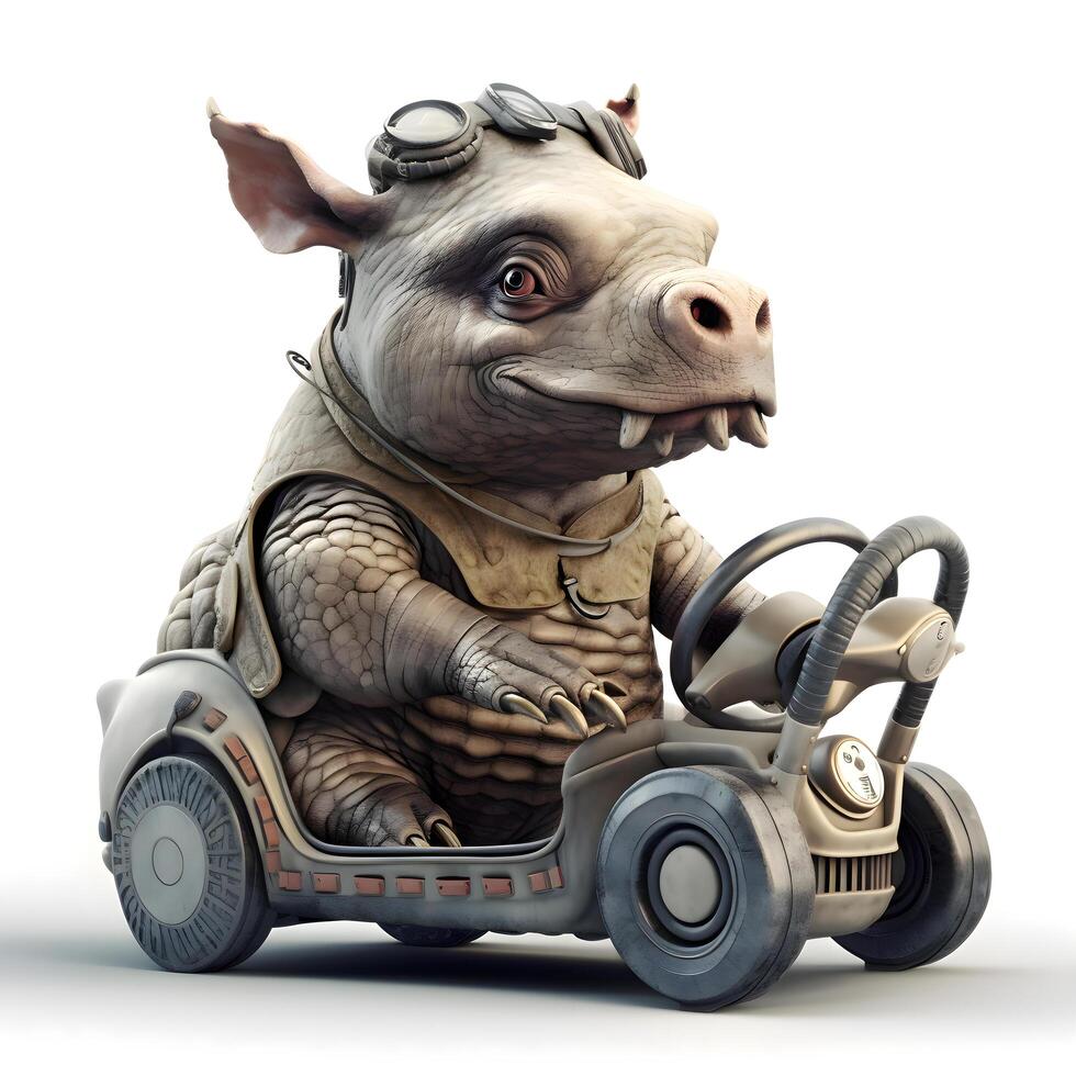 3D rendering of a rhinoceros driving a toy car isolated on white background, Image photo