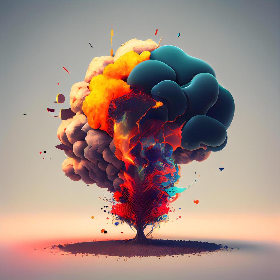 Conceptual image of human brain explosion made of colorful smoke and fire, Image photo