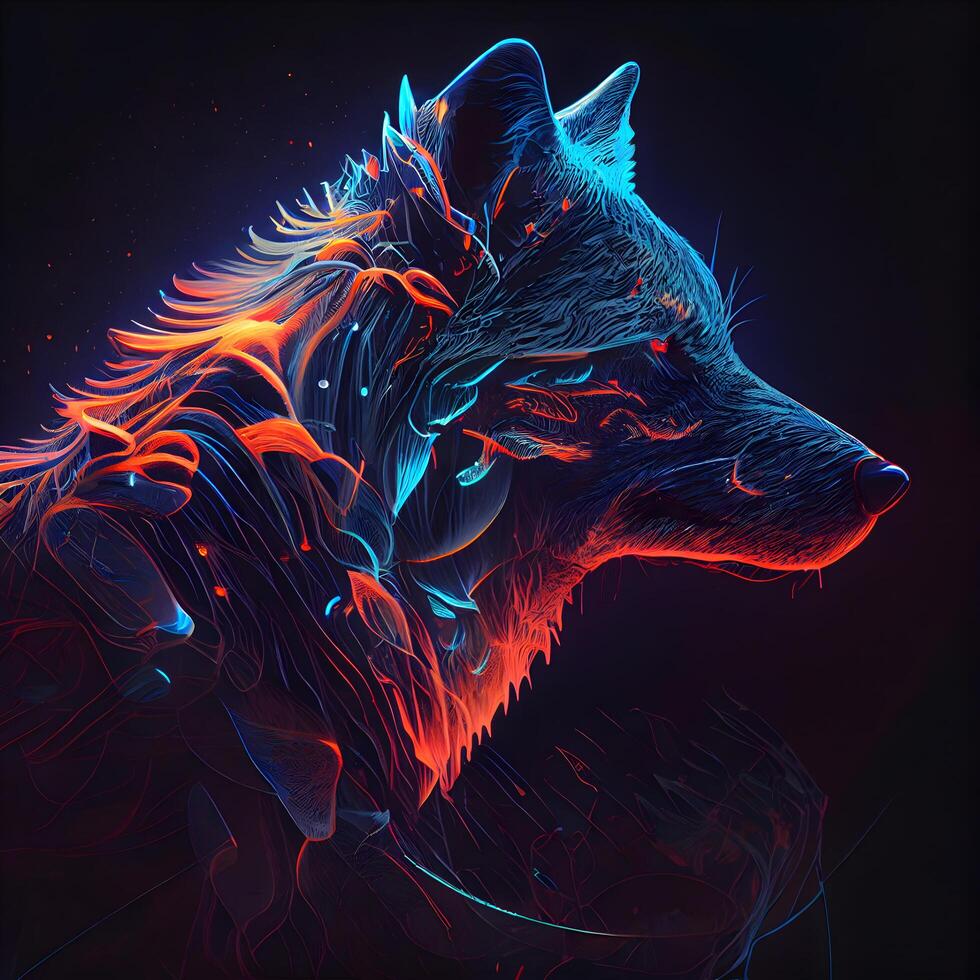 Abstract wolf head with fire effect on dark background. illustration., Image photo