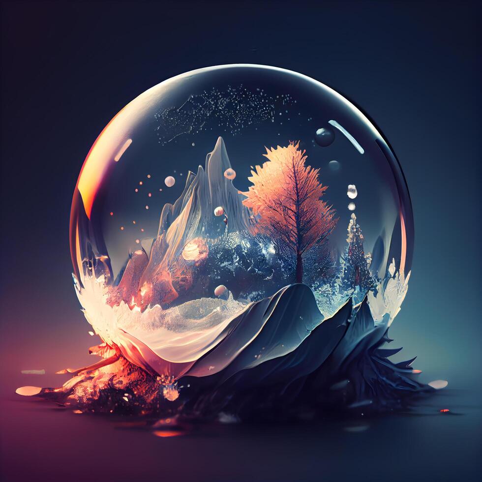 brillante cristal pelota con bosque y copos de nieve, 3d ilustración, ai generativo imagen foto