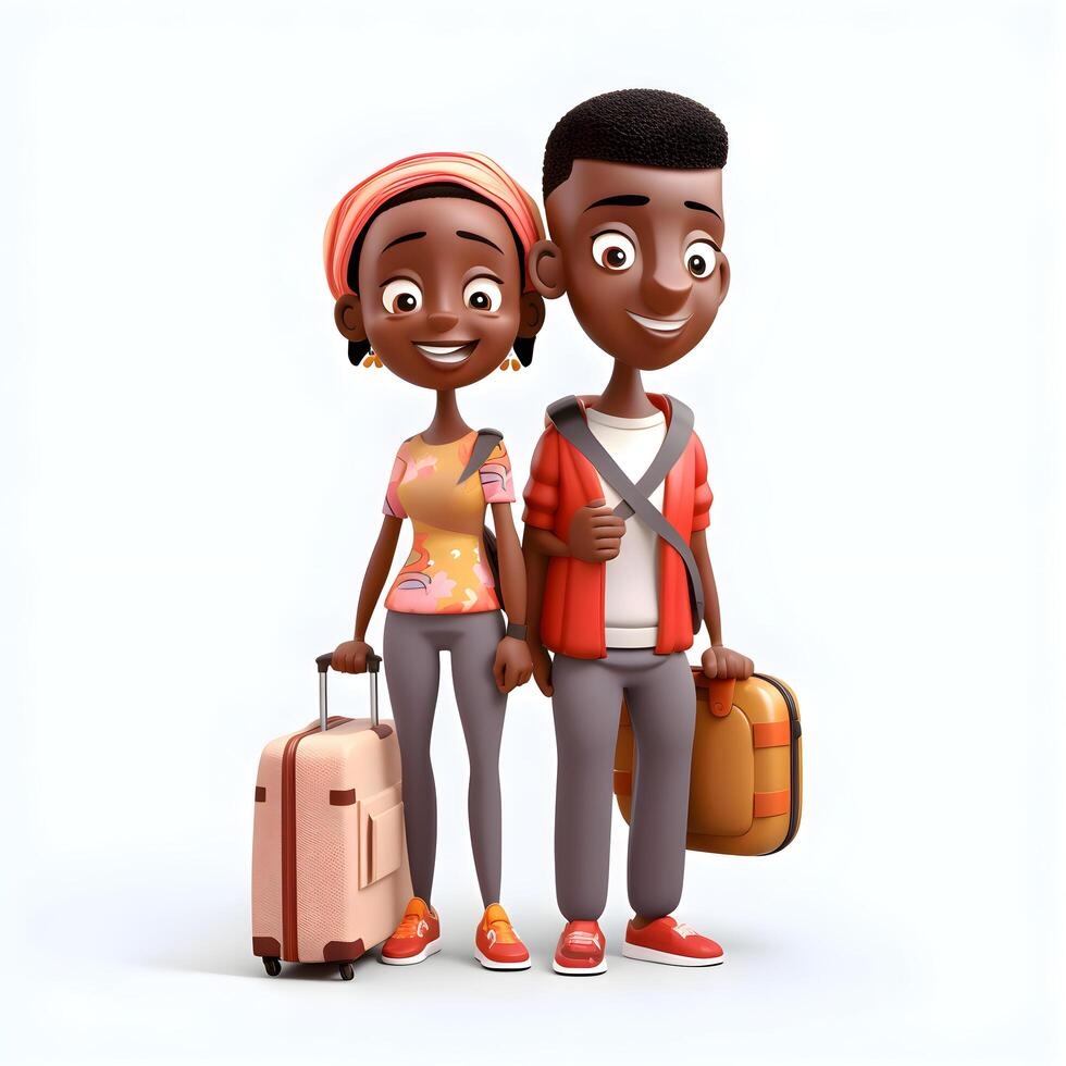 Pareja de africano americano turistas en un blanco antecedentes. 3d representación, ai generativo imagen foto