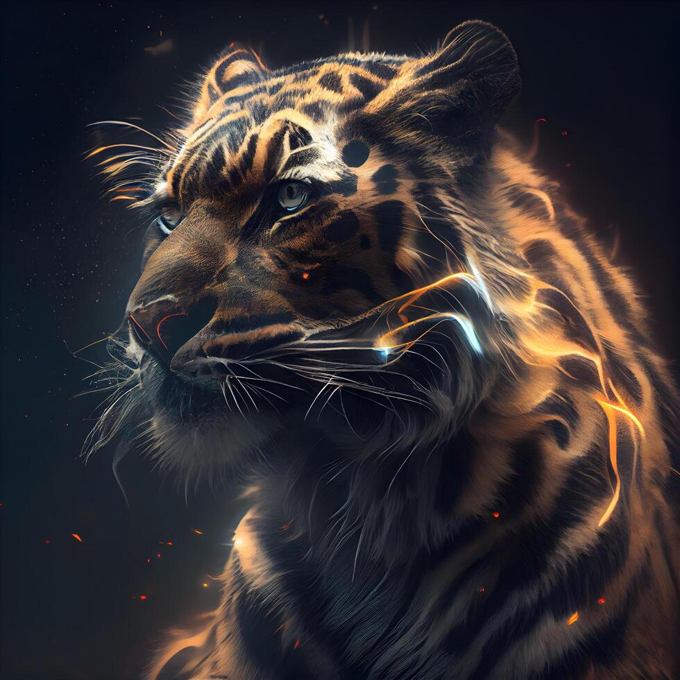 siberiano Tigre en el oscuro con fuego y chispas. digital cuadro, ai generativo imagen foto