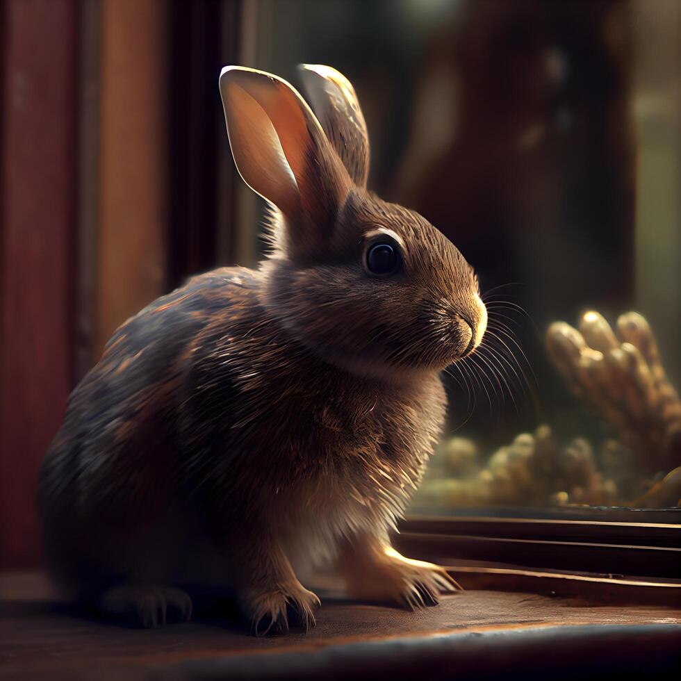 Rabbit sitting on the window sill at sunset. Easter concept., Image photo