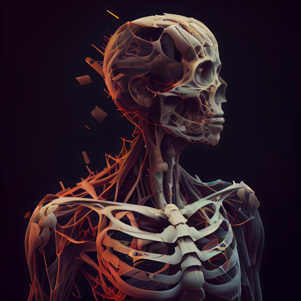 Human skeleton anatomy with muscle maps on dark background. 3D rendering, Image photo