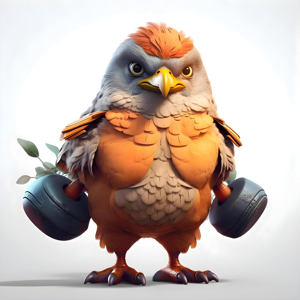 Funny owl with dumbbells on white background. 3D illustration., Image photo