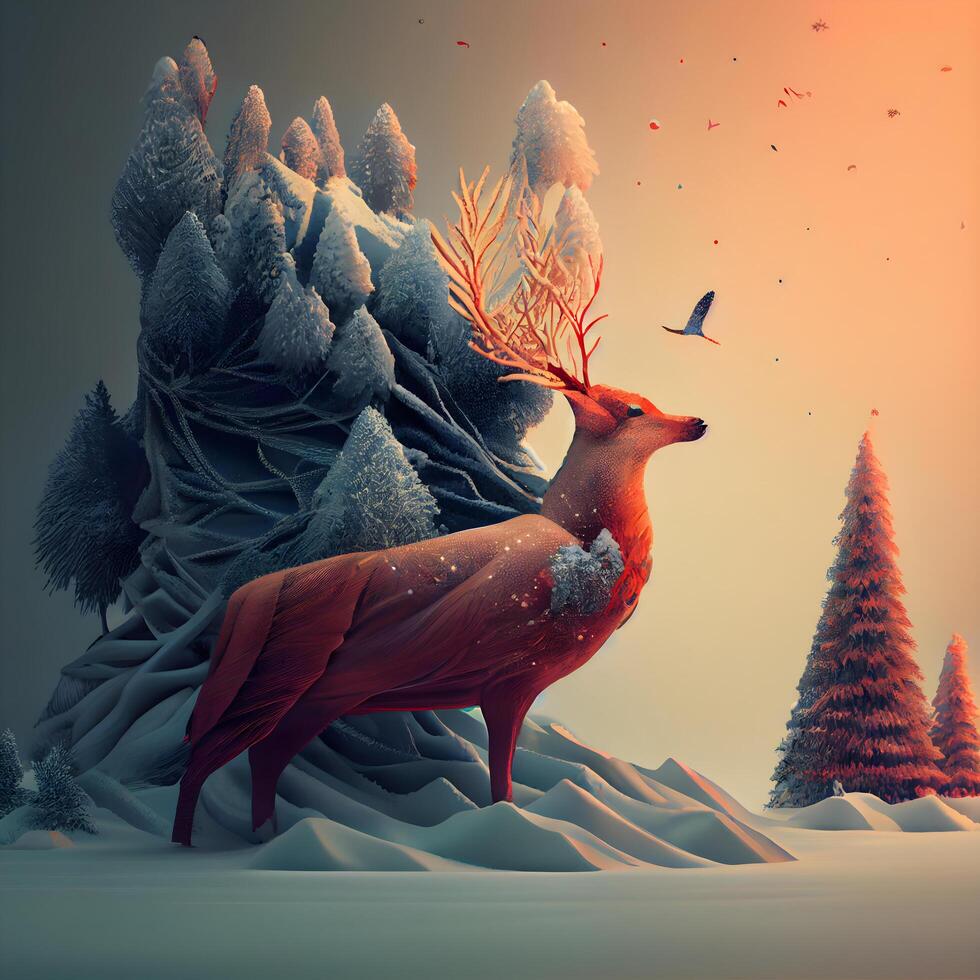 reindeer in winter forest. 3d illustration. vintage style, Image photo