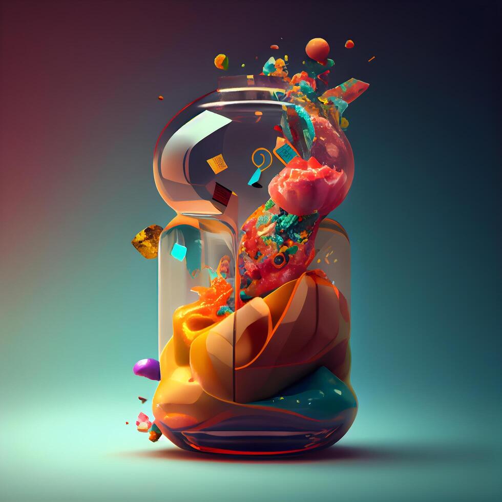 3d illustration of a glass jar with colorful abstract shapes on a dark background, Image photo