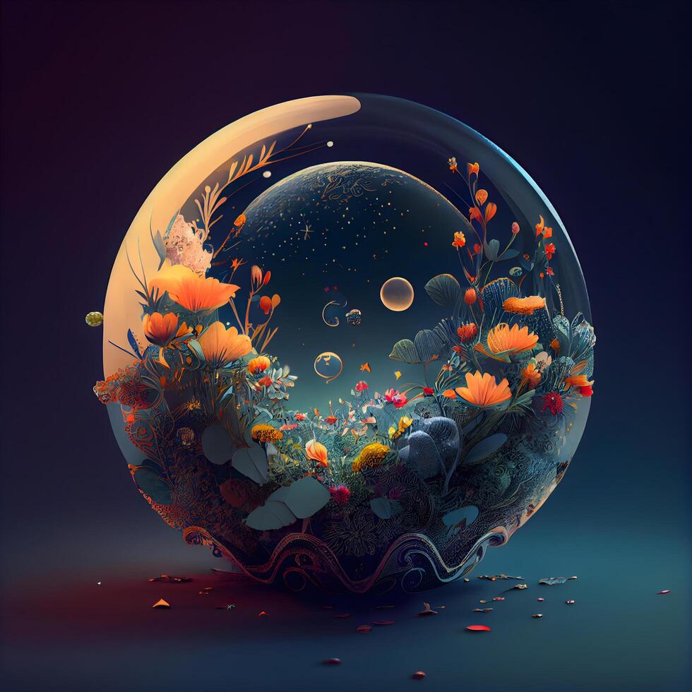3d render of a planet with flowers and plants in the water, Image photo