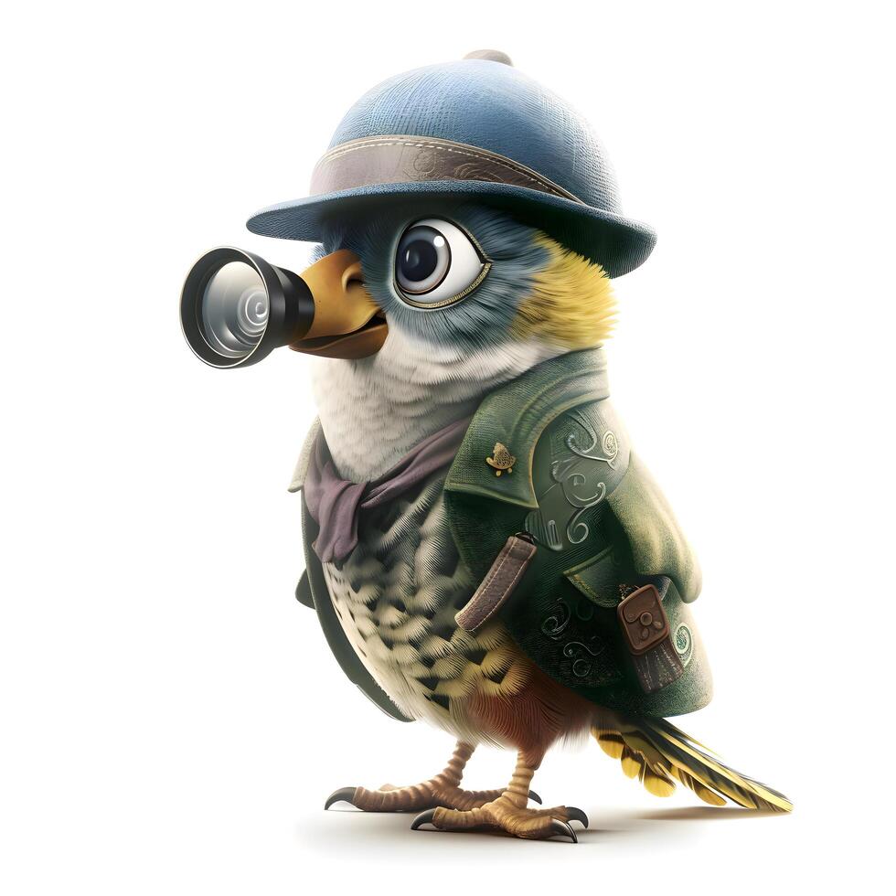 Cute owl with camera isolated on white background. 3D illustration., Image photo