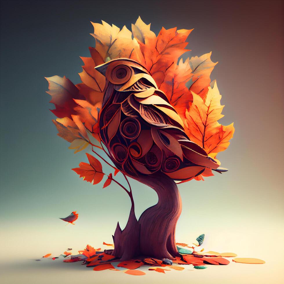 Wooden bird on a tree with autumn leaves. 3d illustration, Image photo