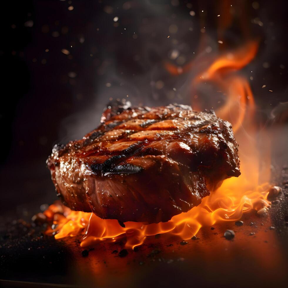 Grilled hamburger with flames on a black background. Copy space., Image photo