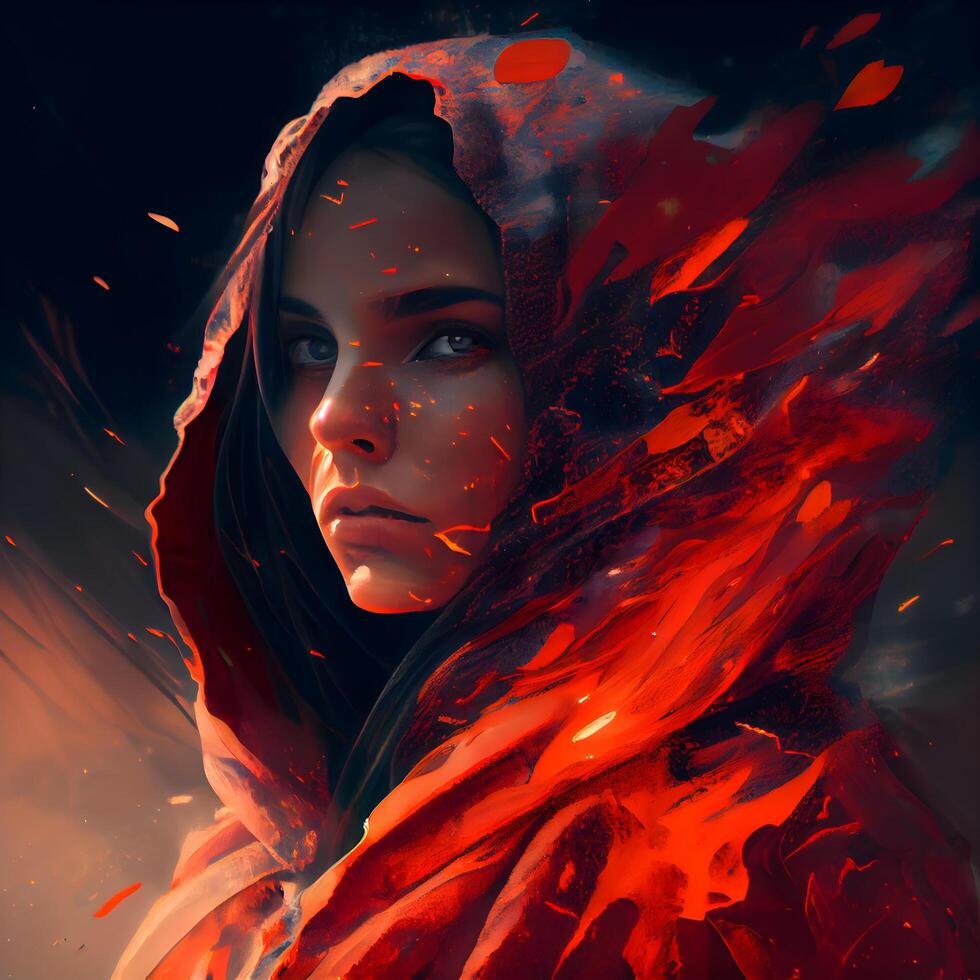 Portrait of a beautiful young woman in a red raincoat., Image photo