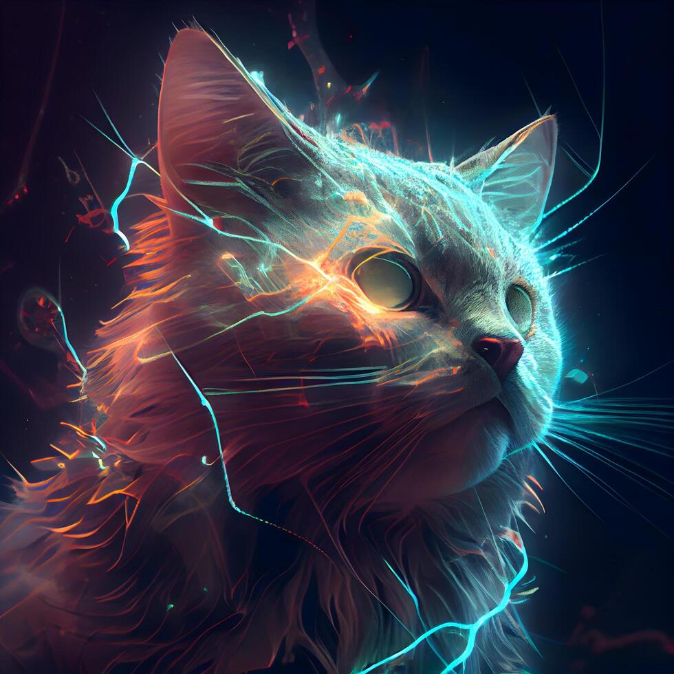 Beautiful cat with glowing eyes on dark background, 3d rendering, Image photo