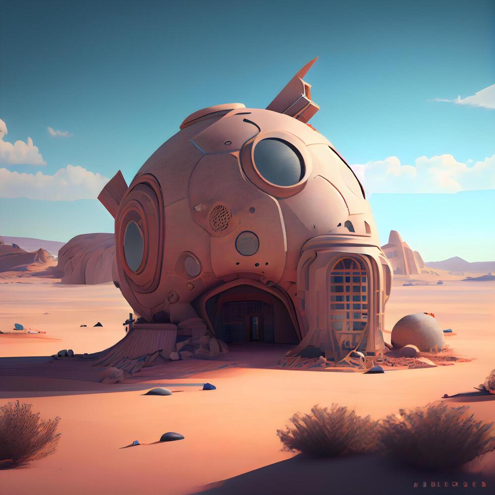 Spaceship in the desert. 3D rendering. Computer digital drawing., Image photo
