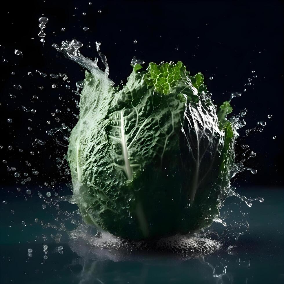 Fresco verde repollo con agua chapoteo en negro antecedentes. sano comida concepto., ai generativo imagen foto