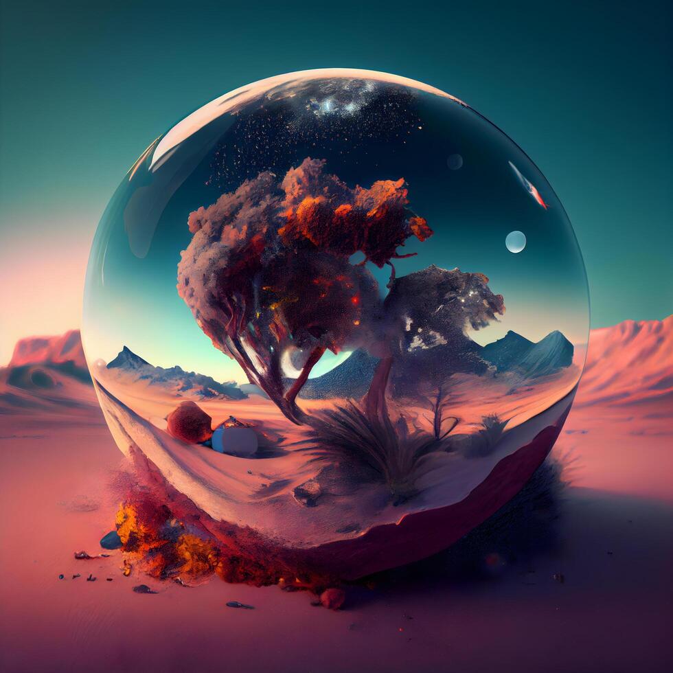 Fantasy landscape in a glass sphere. 3d render illustration., Image photo