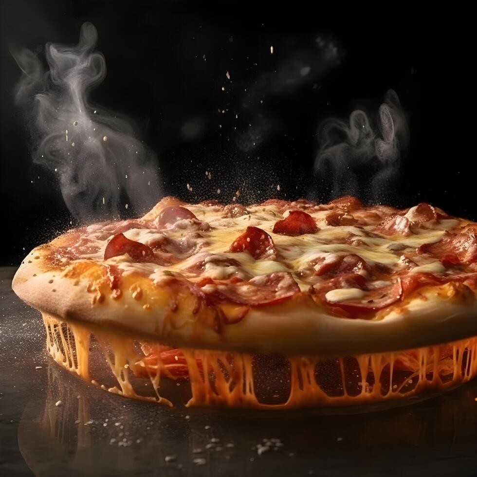 Pizza on a black background with fire and flames. Toned., Image photo