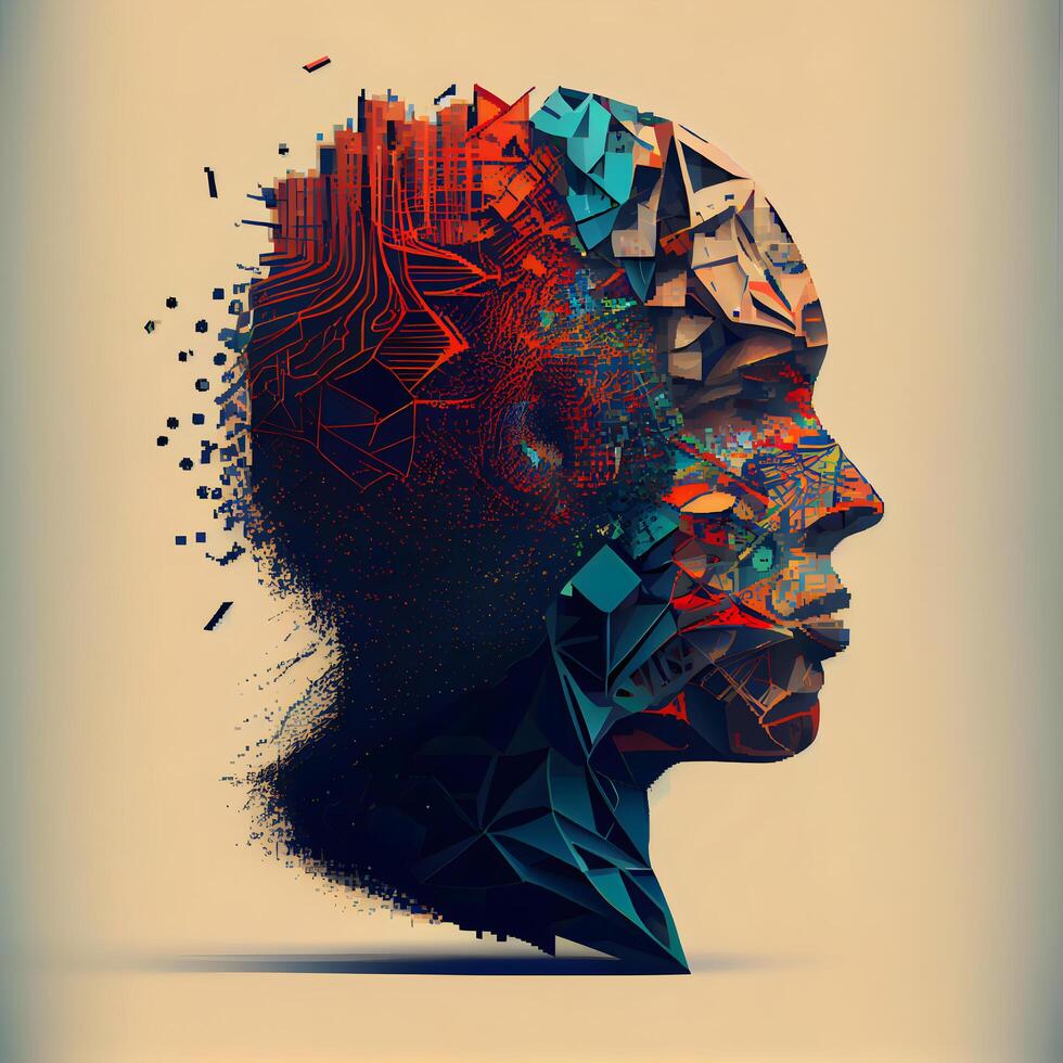 Abstract human head made of colorful geometric shapes. 3d rendering., Image photo