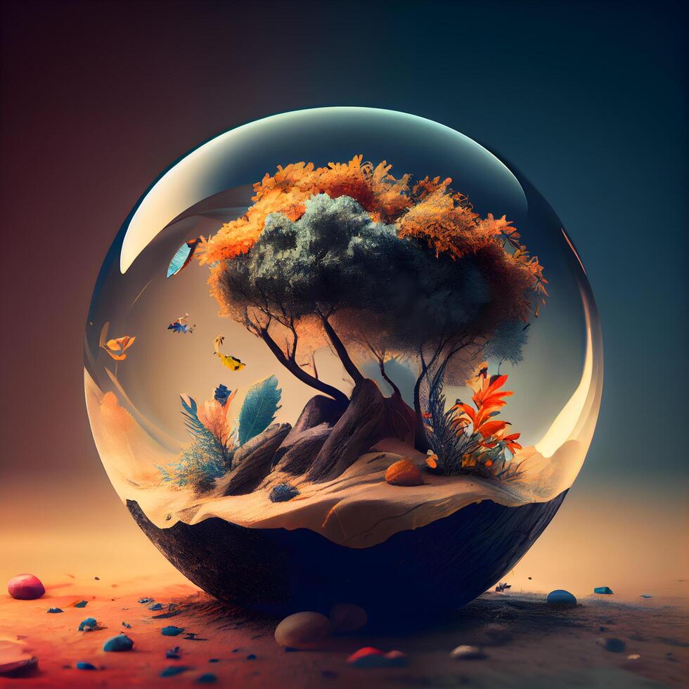 fantasía paisaje en un vaso esfera. 3d representación. computadora digital dibujo., ai generativo imagen foto