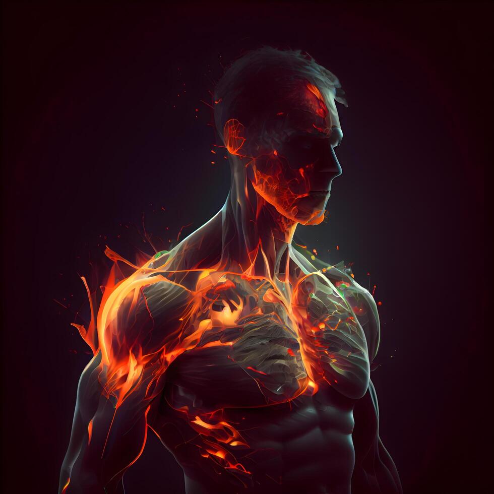 Human body with highlighted pain area on dark background. 3D rendering, Image photo