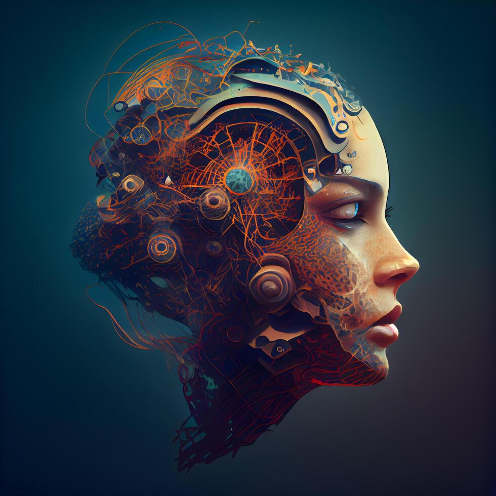 3d rendering of a female cyborg head with artificial intelligence concept, Image photo