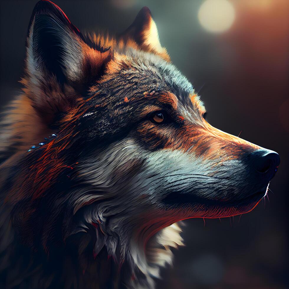 Portrait of a wolf in the forest on a dark background., Image photo