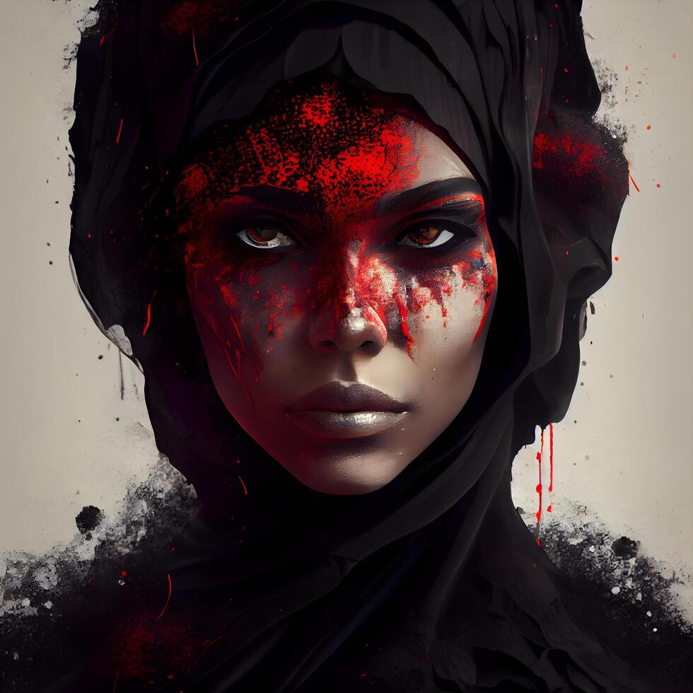 Portrait of a beautiful woman with red blood on her face., Image photo