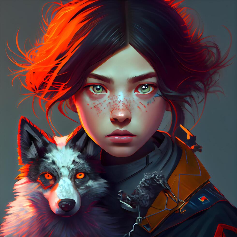 retrato de un niña con un lobo. 3d representación., ai generativo imagen foto