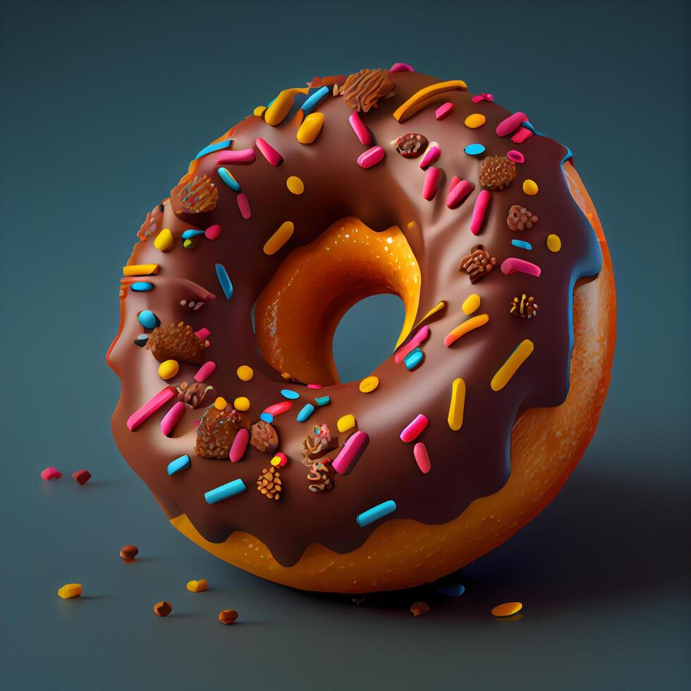 Donut with chocolate icing and sprinkles on dark background. 3d rendering, Image photo