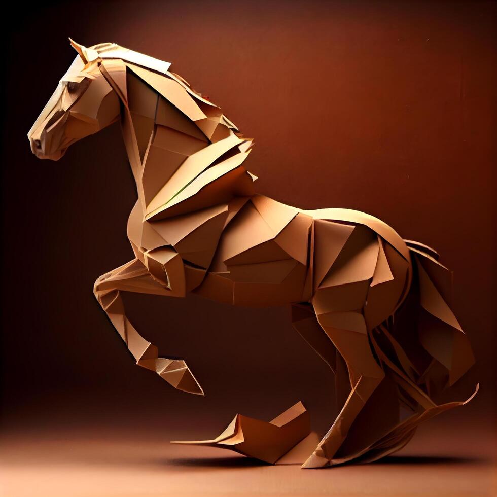 Horse origami from paper on a brown background. 3d rendering, Image photo