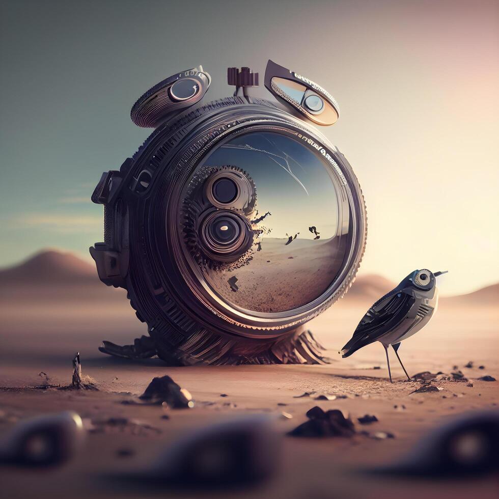 Fantasy landscape in the desert with a spaceship and a bird., Image photo