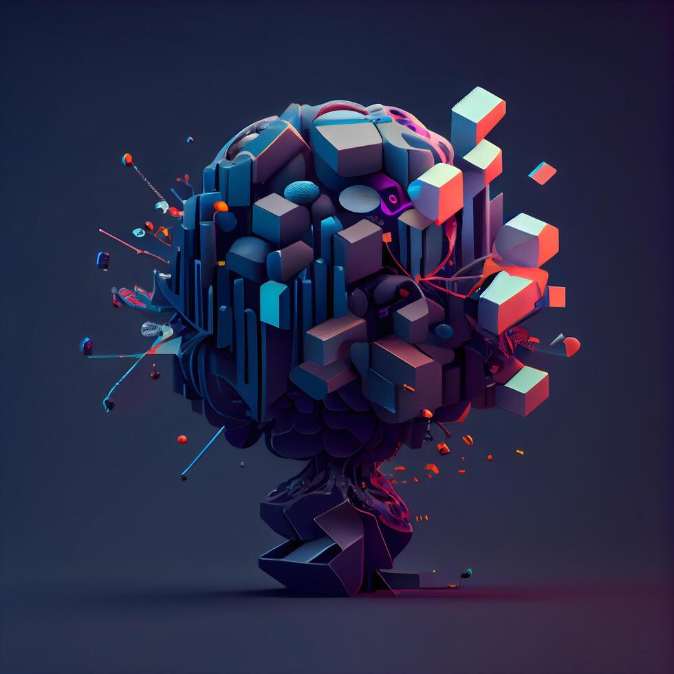 3d rendering of abstract human brain made of cubes on dark background, Image photo