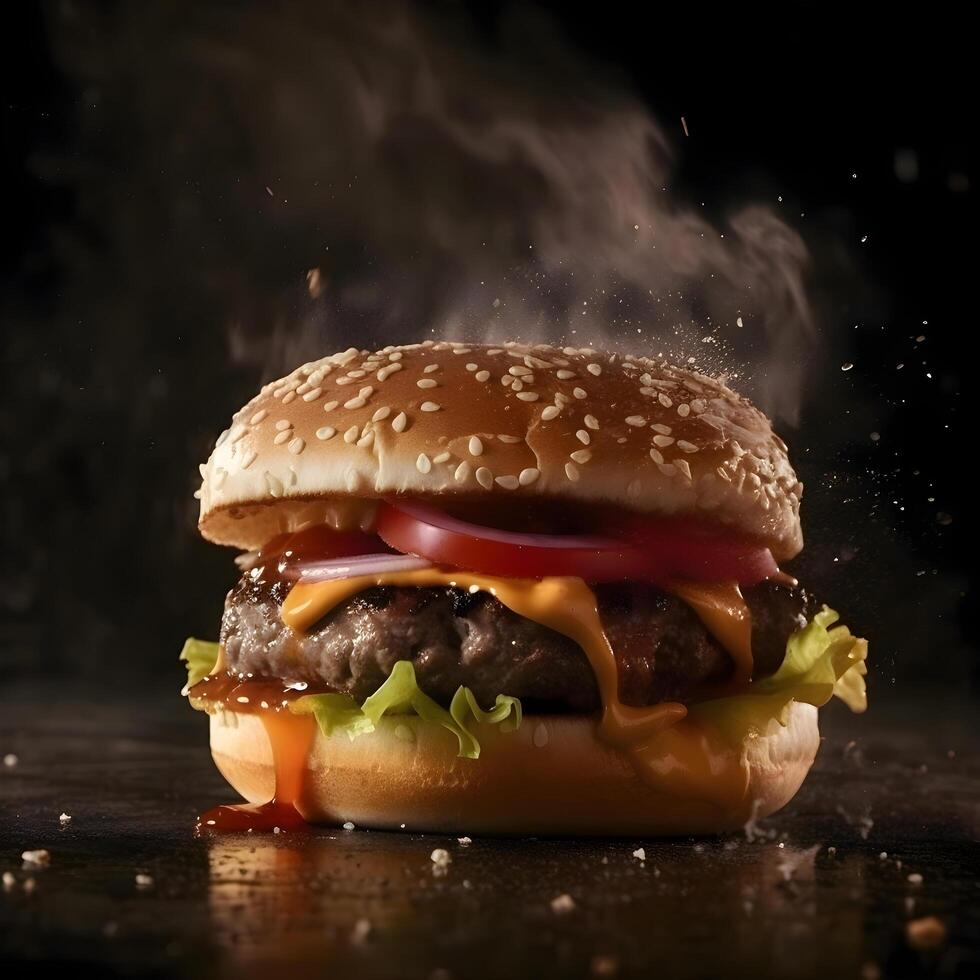 hamburguesa con volador ingredientes en un oscuro antecedentes. rápido comida concepto, ai generativo imagen foto