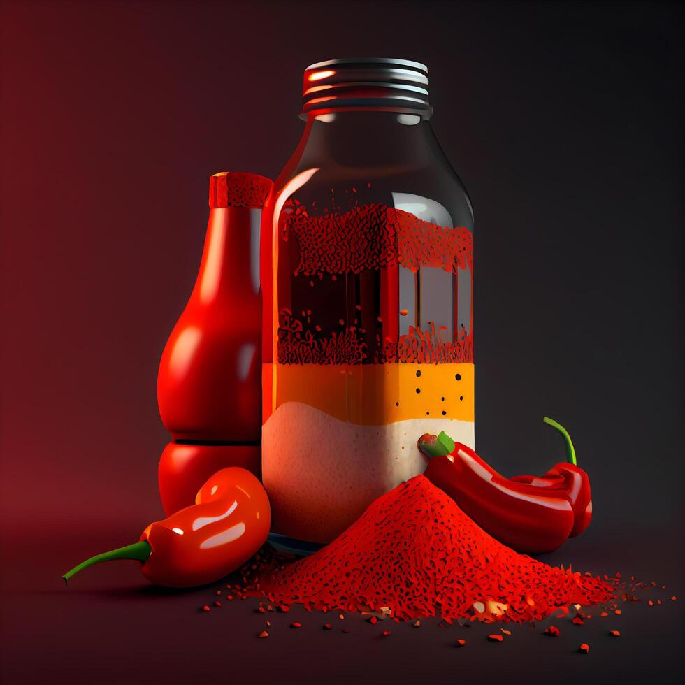 Red chili peppers and bottle of tomato sauce on dark background, illustration, Image photo