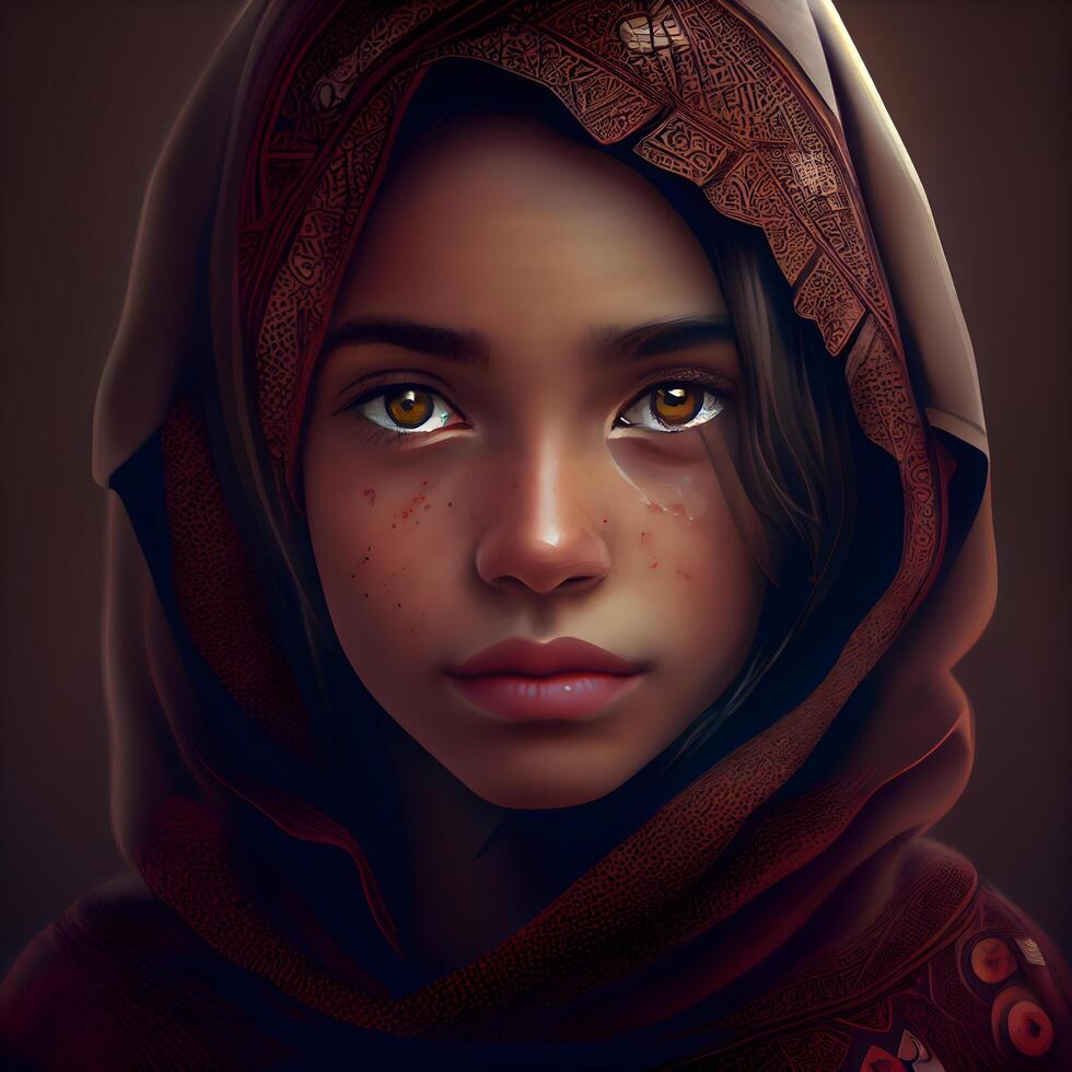 Portrait of a beautiful young muslim woman with red shawl., Image photo